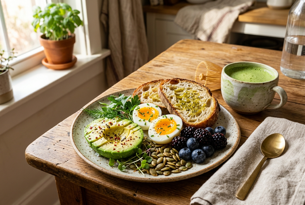 A balanced metabolic plate with sliced avocado, soft-boiled eggs, sourdough toast, berries, seeds, and a cup of green tea in morning light.