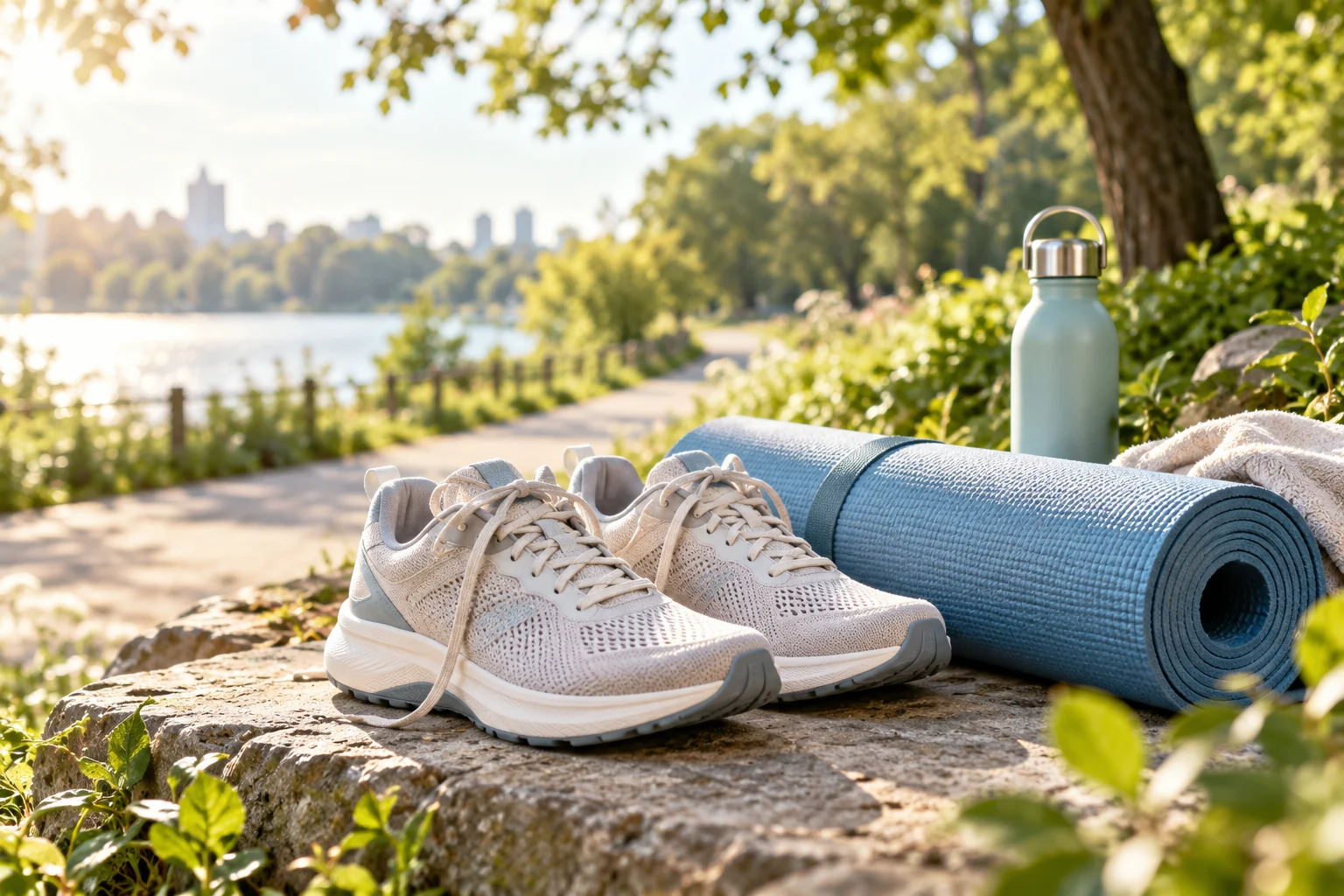 Walking shoes and a rolled blue exercise mat beside a sunlit park path.