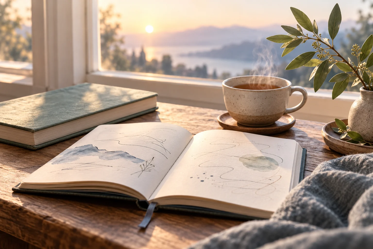 An open journal, a book, and a cup of tea on a softly lit morning table.