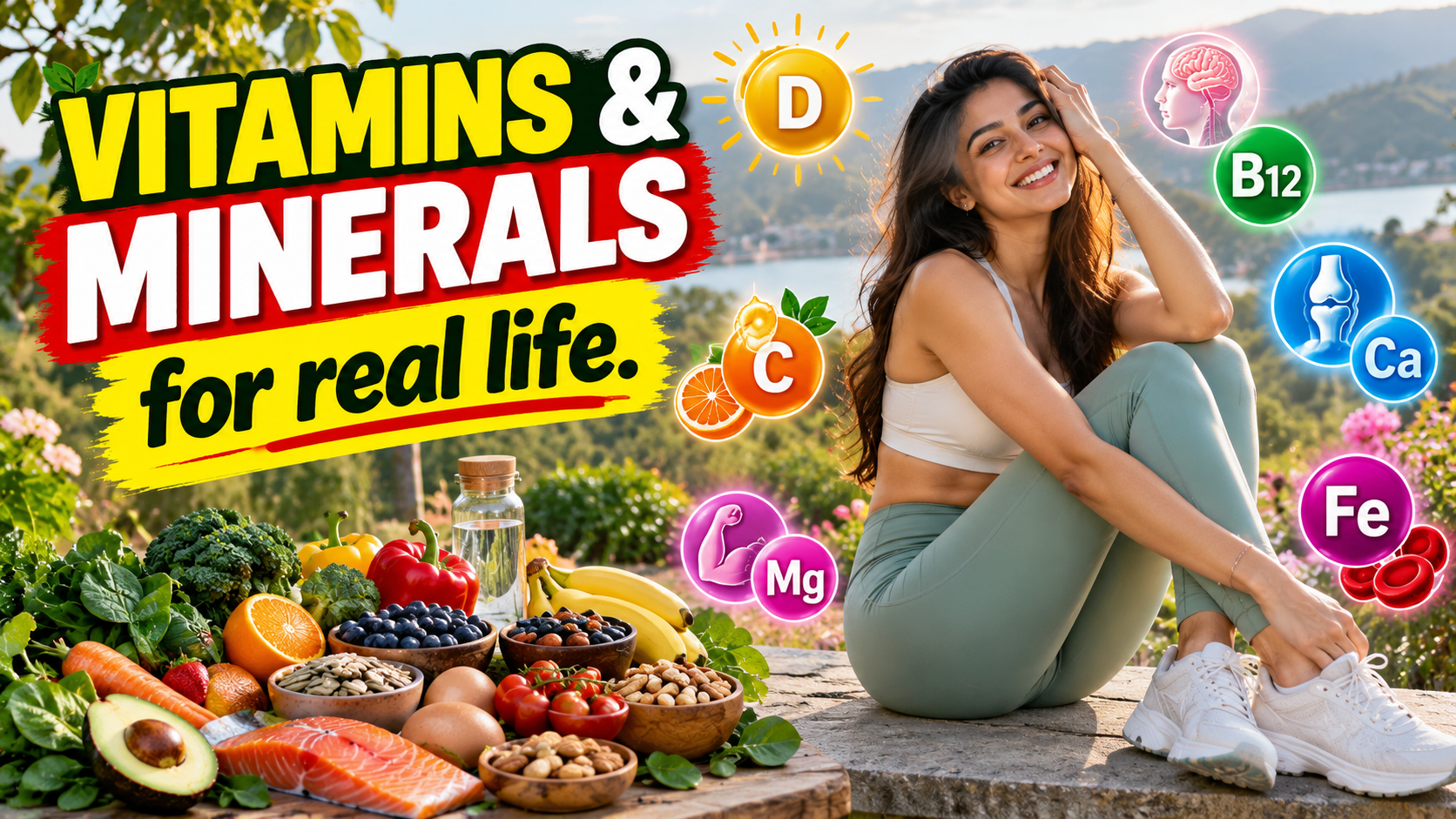 A woman enjoying a sunny outdoor moment beside fresh produce, with colorful illustrations representing vitamins and minerals.